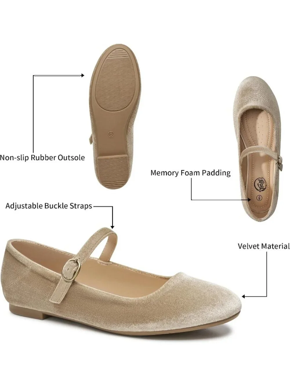 Women's Nude Velvet Ballet Flat Round Toe Comfort Strap Memory Foam Dress Shoes